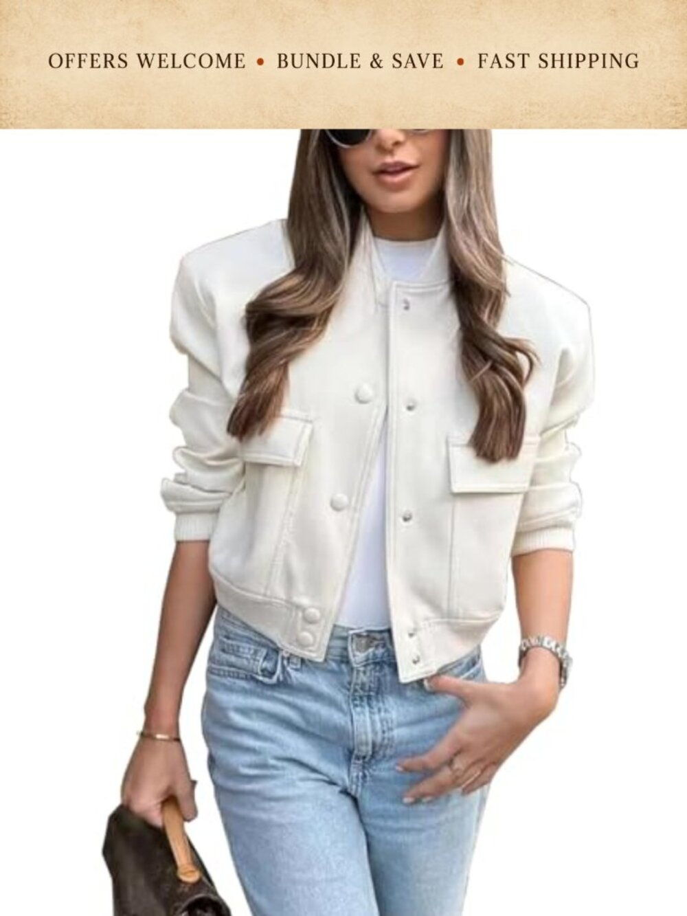 Cropped Bomber Lightweight Button Down Varsity Jacket with Pockets